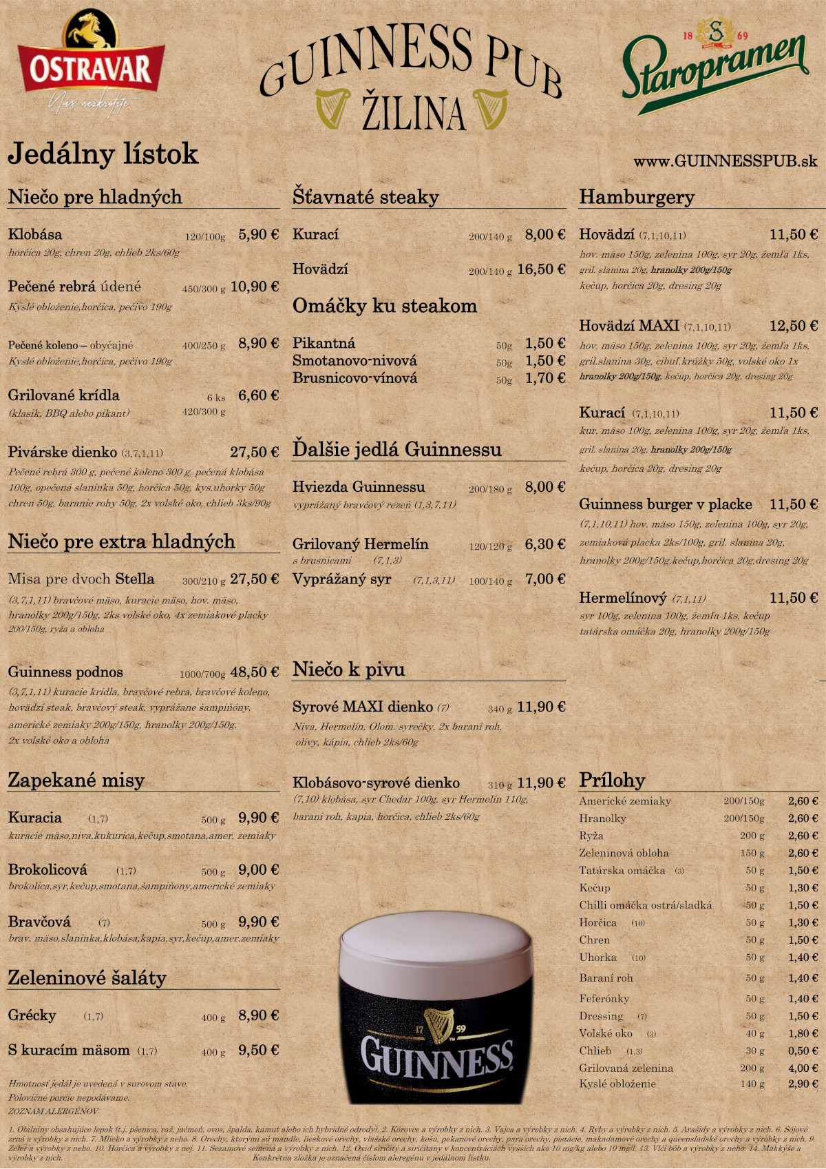 Guinness Pub jedálny lístok